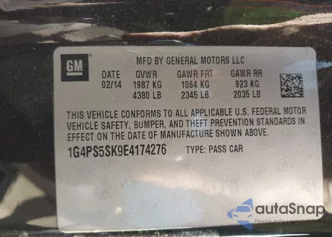 2014 Buick Verano Leather Group из США, поврежденный, VIN 1G4PS5SK9E4174276